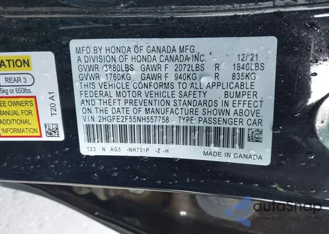 2022 Honda Civic Sport из США, поврежденный, VIN 2HGFE2F55NH557758